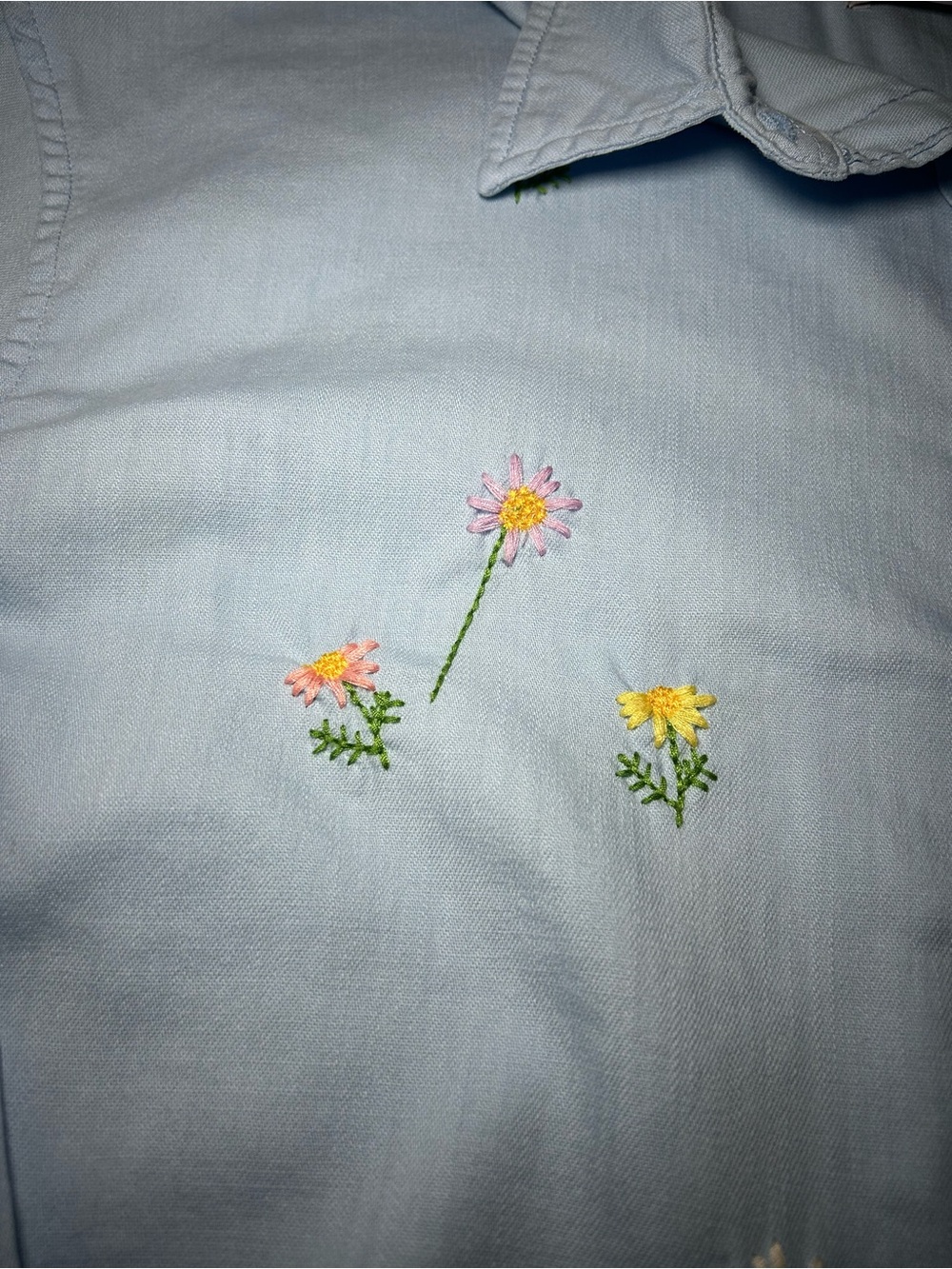 Billy T Embroidered Daisy Light Blue Chambray Button-Down Shirt - Picture 3 of 7